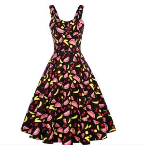 NWT Women's Vintage 50's Style Fruit Swing Dress side zipper and stretch back